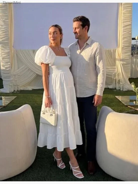 Summer Square Neck Puff Sleeve Smocked Midi Dress High Waist Flowy Tiered - Picture 3 of 7